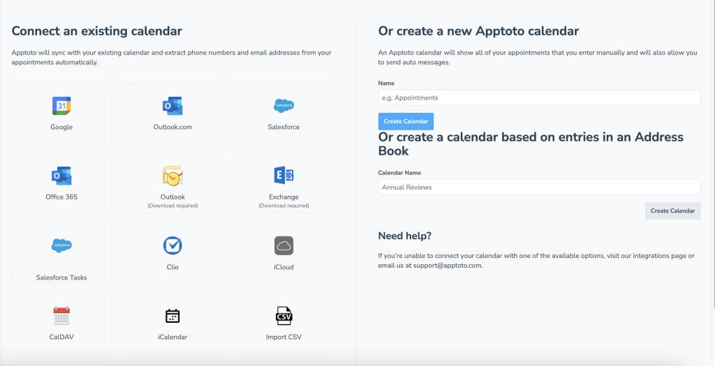 Apptoto interface displaying how to connect an existing calendar or create a new calendar